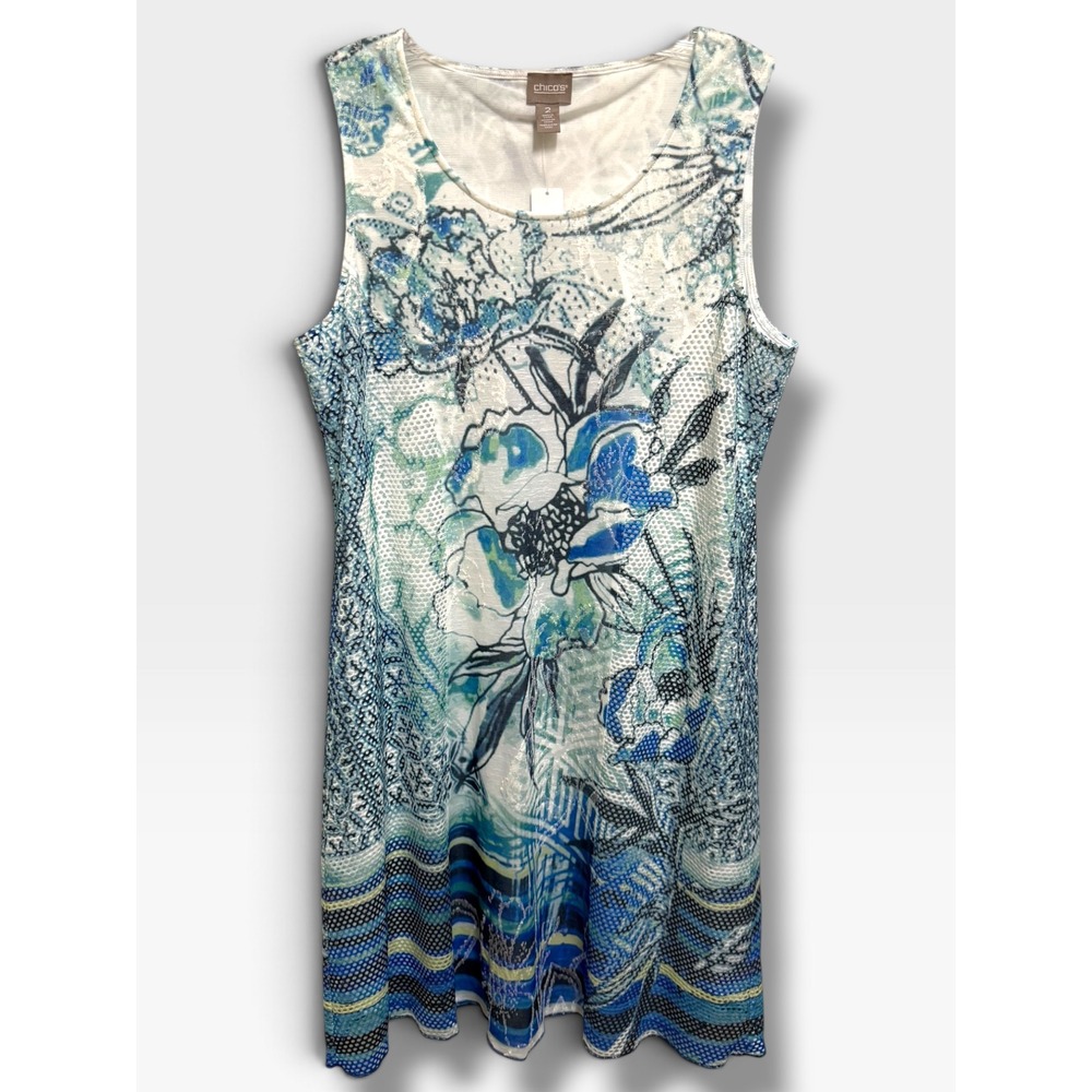 Chico's Abstract Wonders Spliced Dress 2 L 12-14 Laguna Blue NWT Floral Mesh